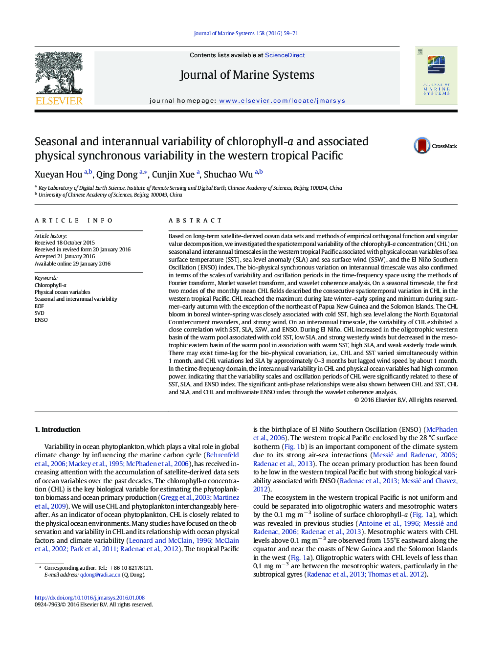 Seasonal and interannual variability of chlorophyll-a and associated physical synchronous variability in the western tropical Pacific