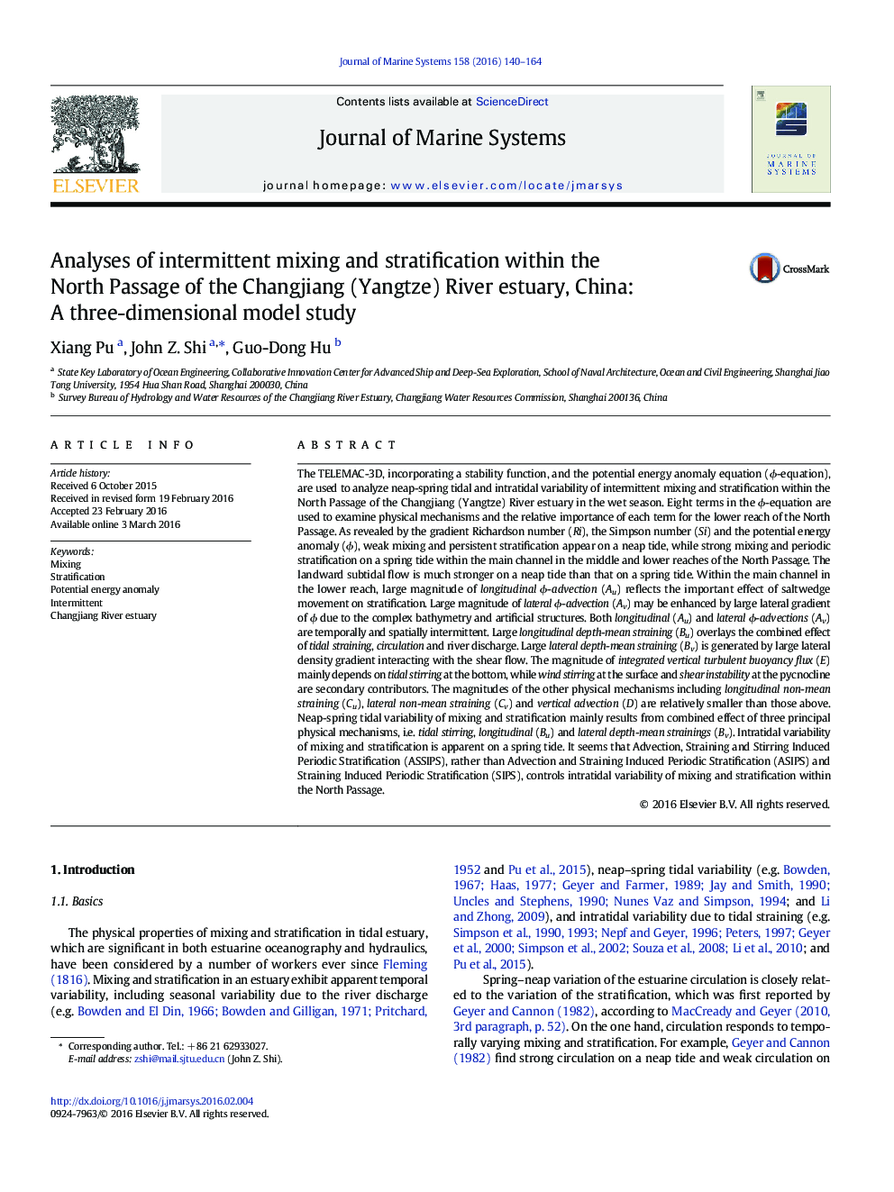 Analyses of intermittent mixing and stratification within the North Passage of the Changjiang (Yangtze) River estuary, China: A three-dimensional model study