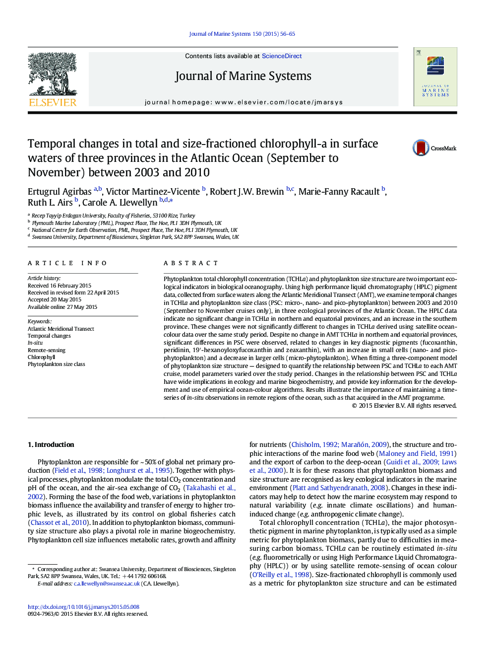 Temporal changes in total and size-fractioned chlorophyll-a in surface waters of three provinces in the Atlantic Ocean (September to November) between 2003 and 2010