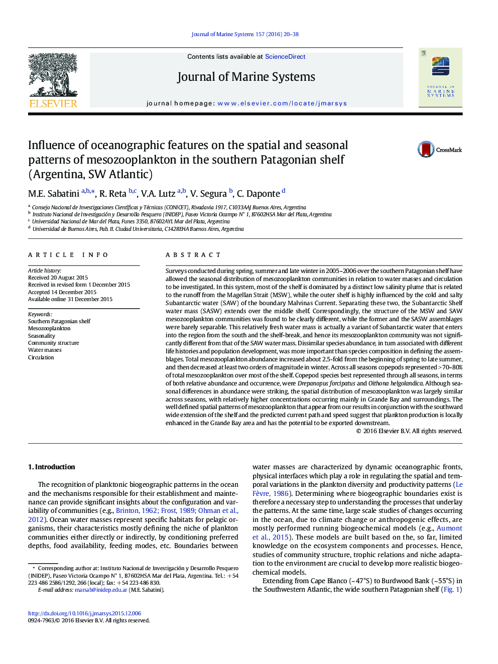 Influence of oceanographic features on the spatial and seasonal patterns of mesozooplankton in the southern Patagonian shelf (Argentina, SW Atlantic)