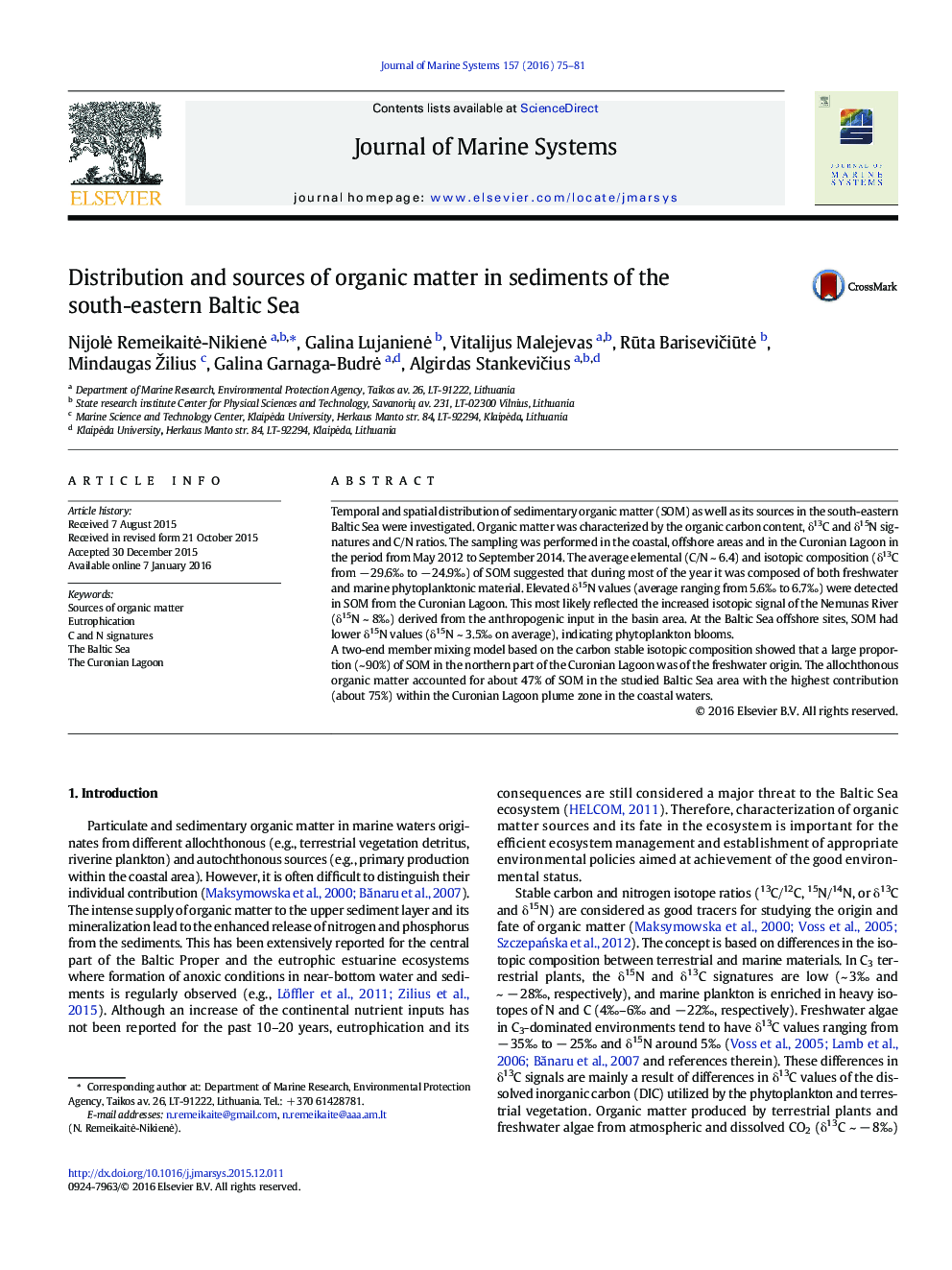 Distribution and sources of organic matter in sediments of the south-eastern Baltic Sea