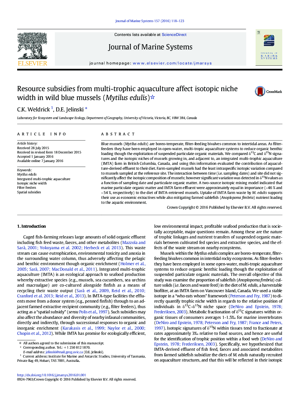 Resource subsidies from multi-trophic aquaculture affect isotopic niche width in wild blue mussels (Mytilus edulis) 