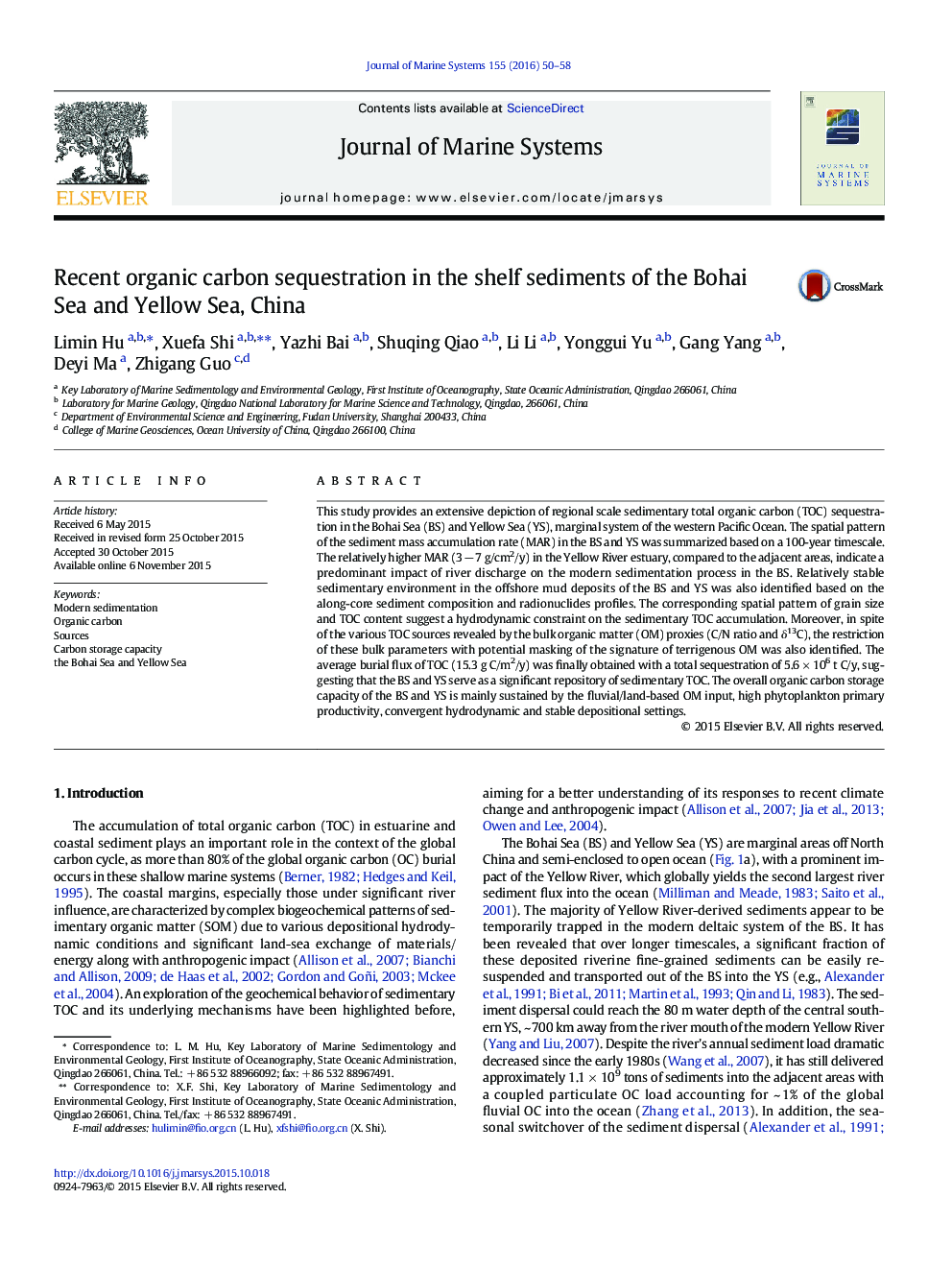 Recent organic carbon sequestration in the shelf sediments of the Bohai Sea and Yellow Sea, China