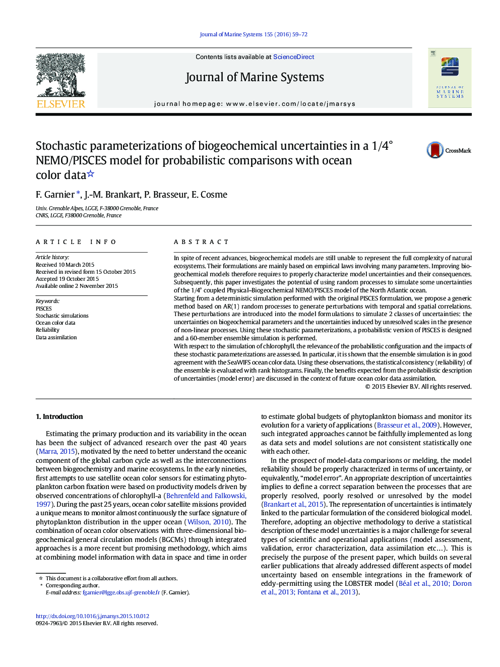 Stochastic parameterizations of biogeochemical uncertainties in a 1/4° NEMO/PISCES model for probabilistic comparisons with ocean color data 