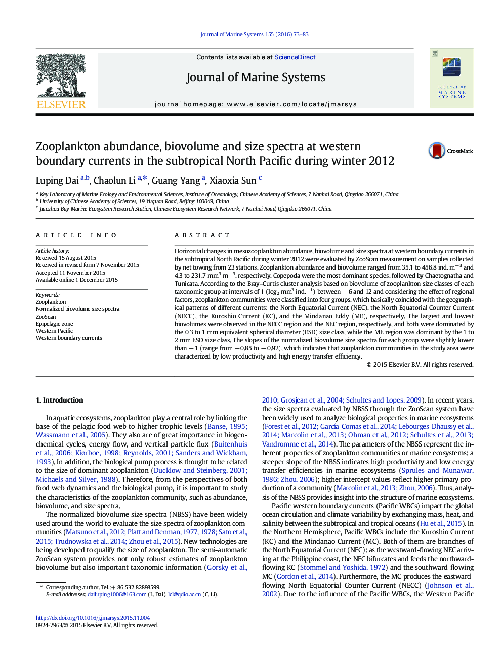 Zooplankton abundance, biovolume and size spectra at western boundary currents in the subtropical North Pacific during winter 2012