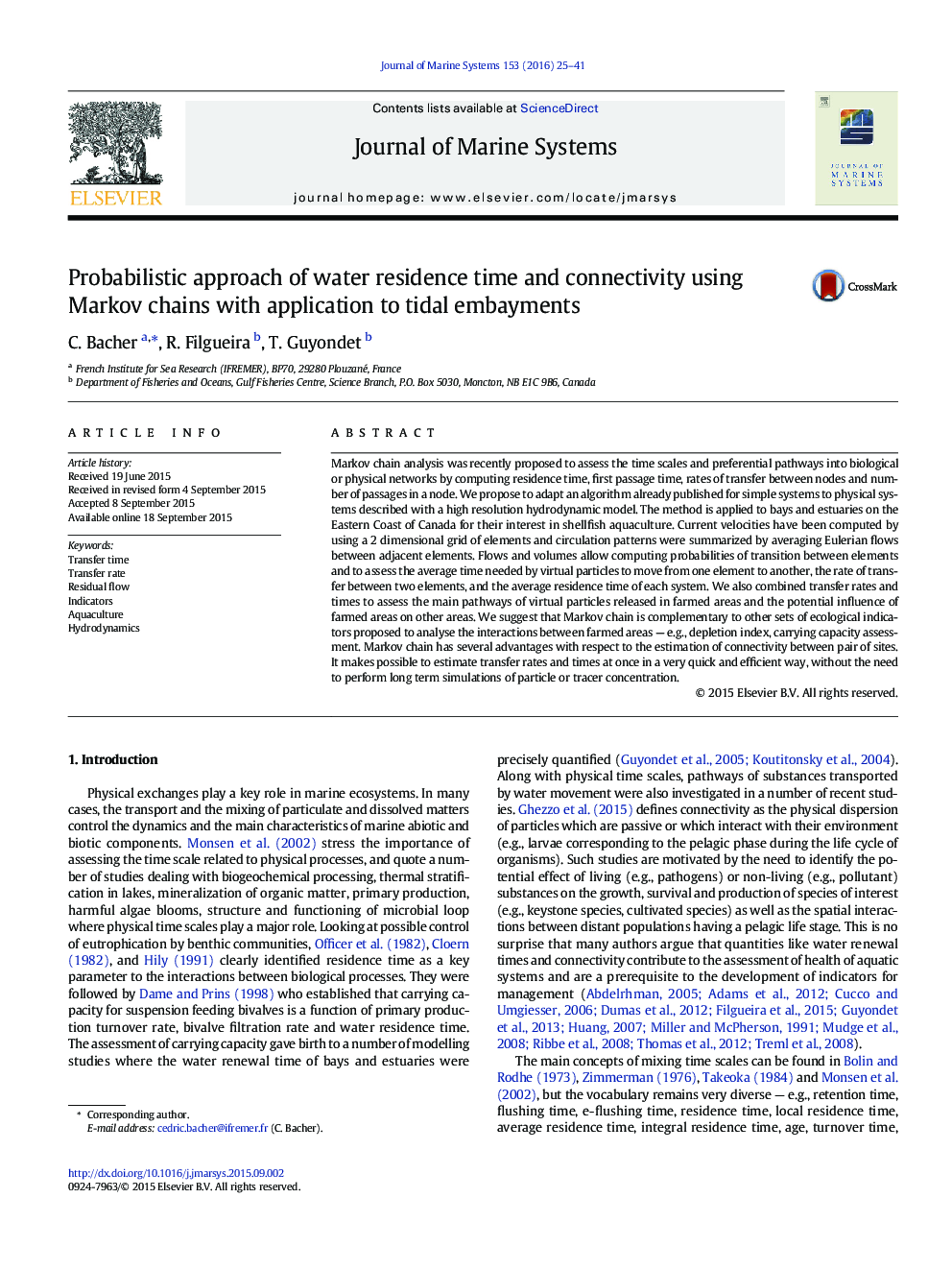 Probabilistic approach of water residence time and connectivity using Markov chains with application to tidal embayments