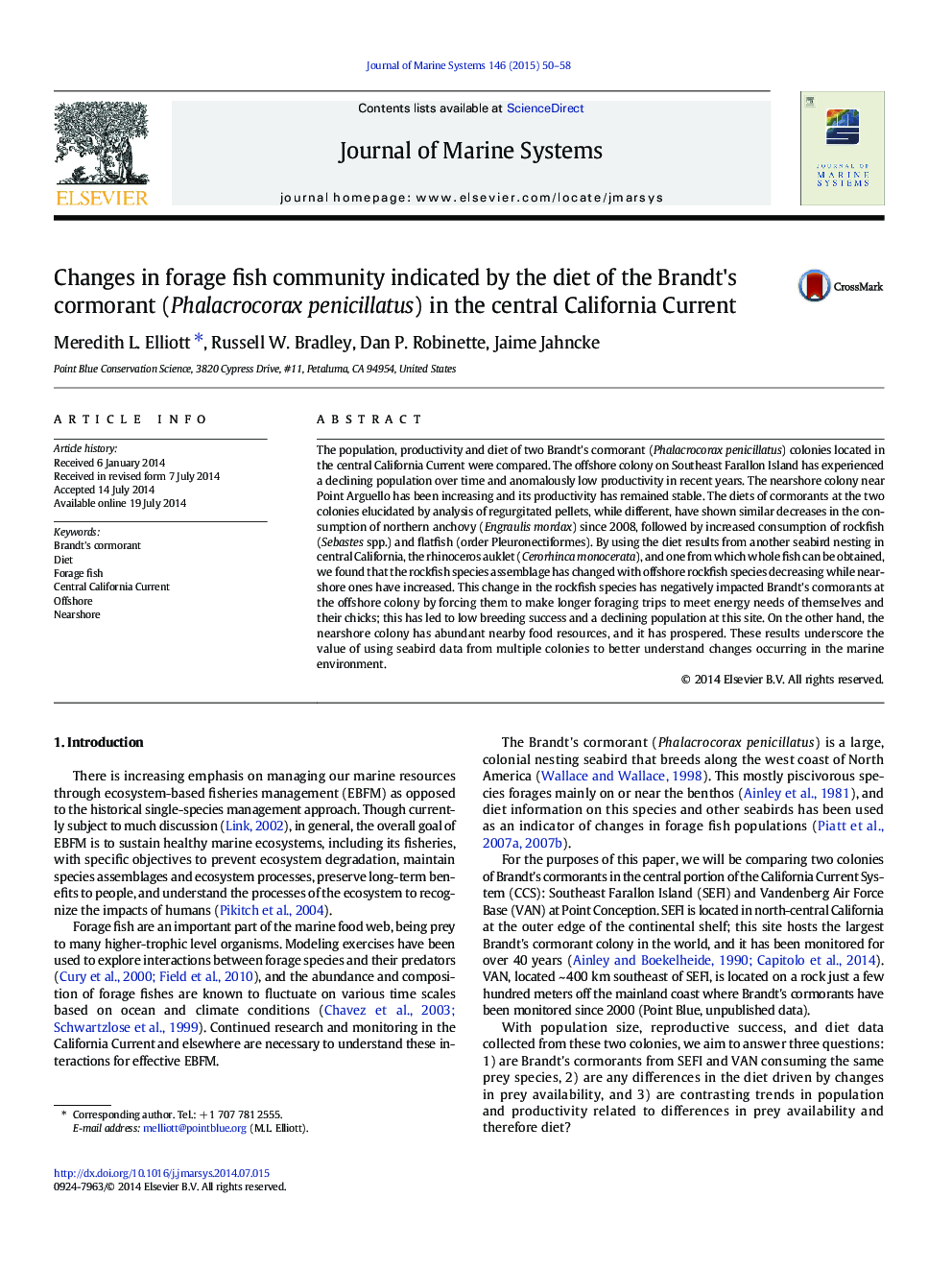 Changes in forage fish community indicated by the diet of the Brandt's cormorant (Phalacrocorax penicillatus) in the central California Current