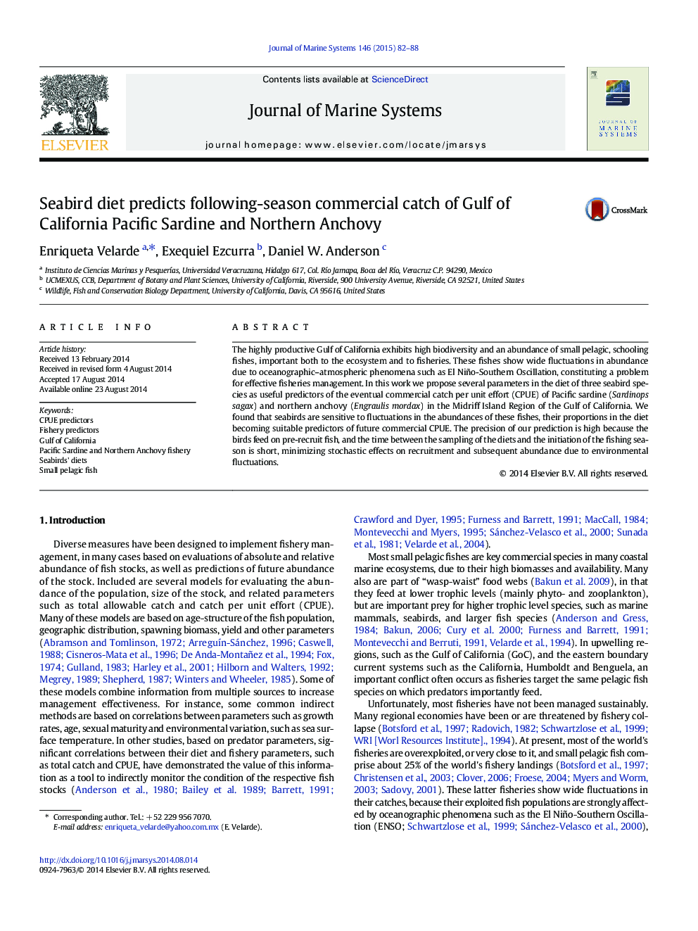 Seabird diet predicts following-season commercial catch of Gulf of California Pacific Sardine and Northern Anchovy