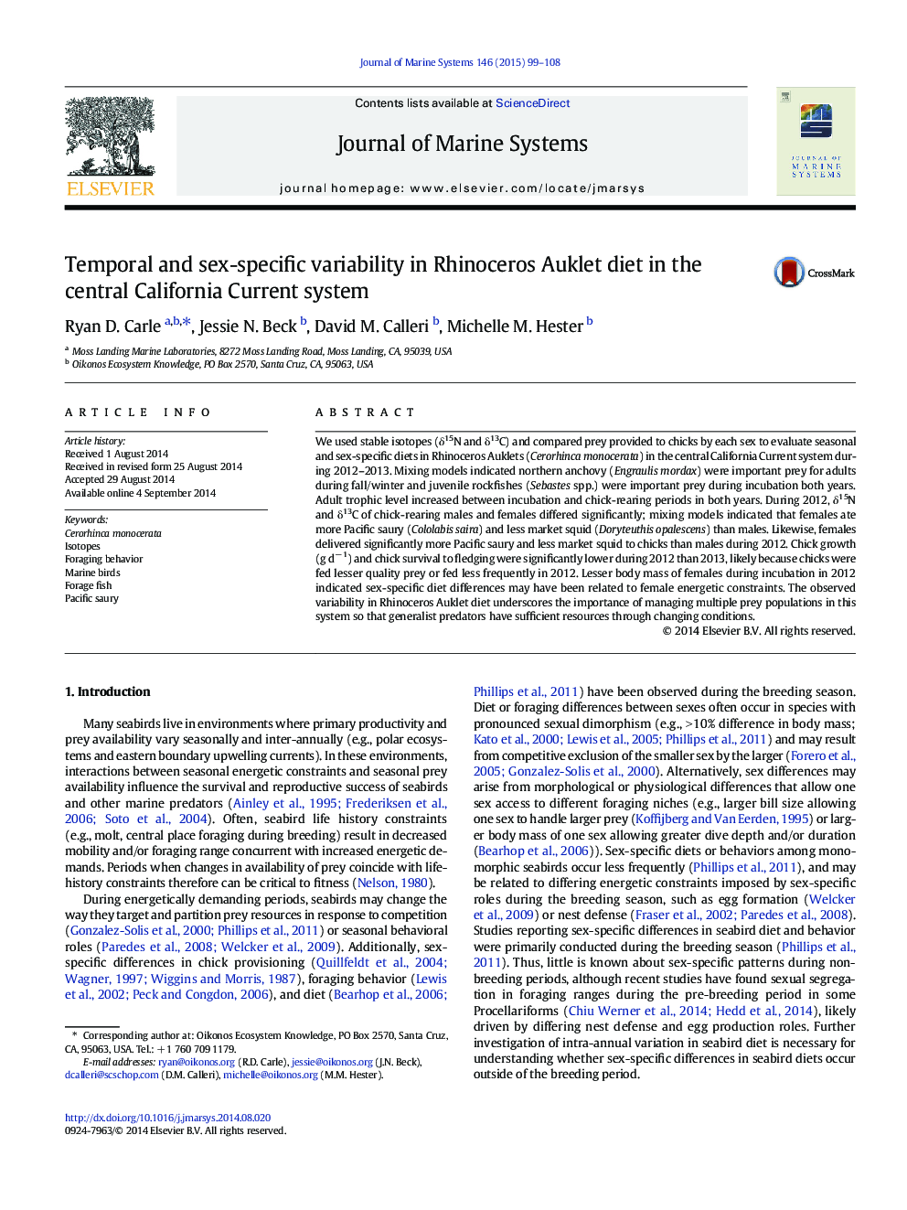 Temporal and sex-specific variability in Rhinoceros Auklet diet in the central California Current system