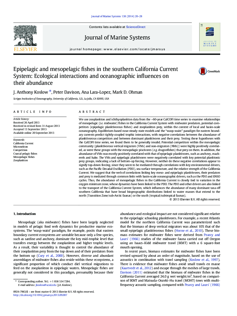 Epipelagic and mesopelagic fishes in the southern California Current System: Ecological interactions and oceanographic influences on their abundance