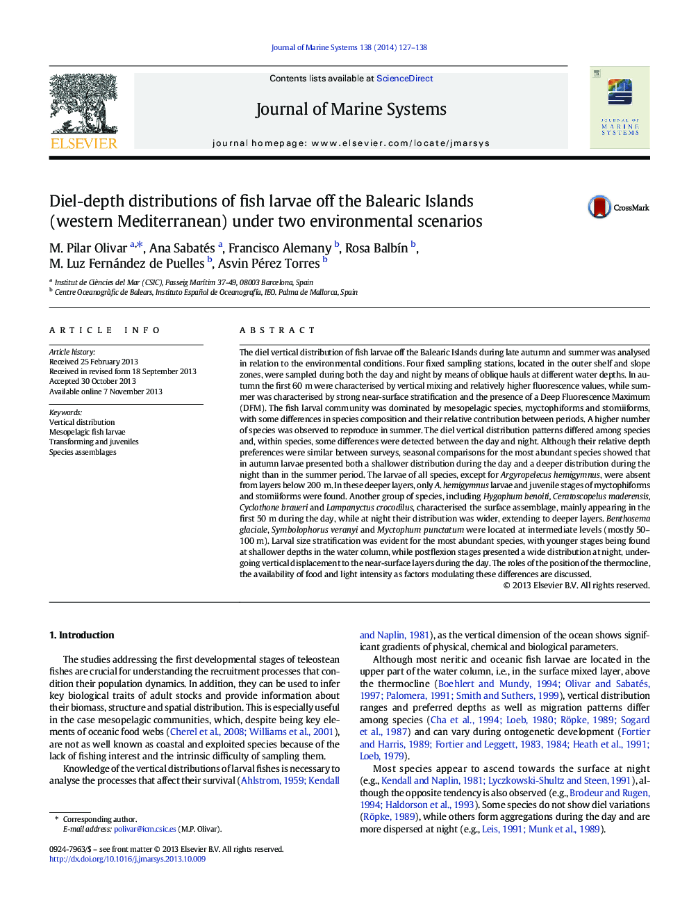 Diel-depth distributions of fish larvae off the Balearic Islands (western Mediterranean) under two environmental scenarios