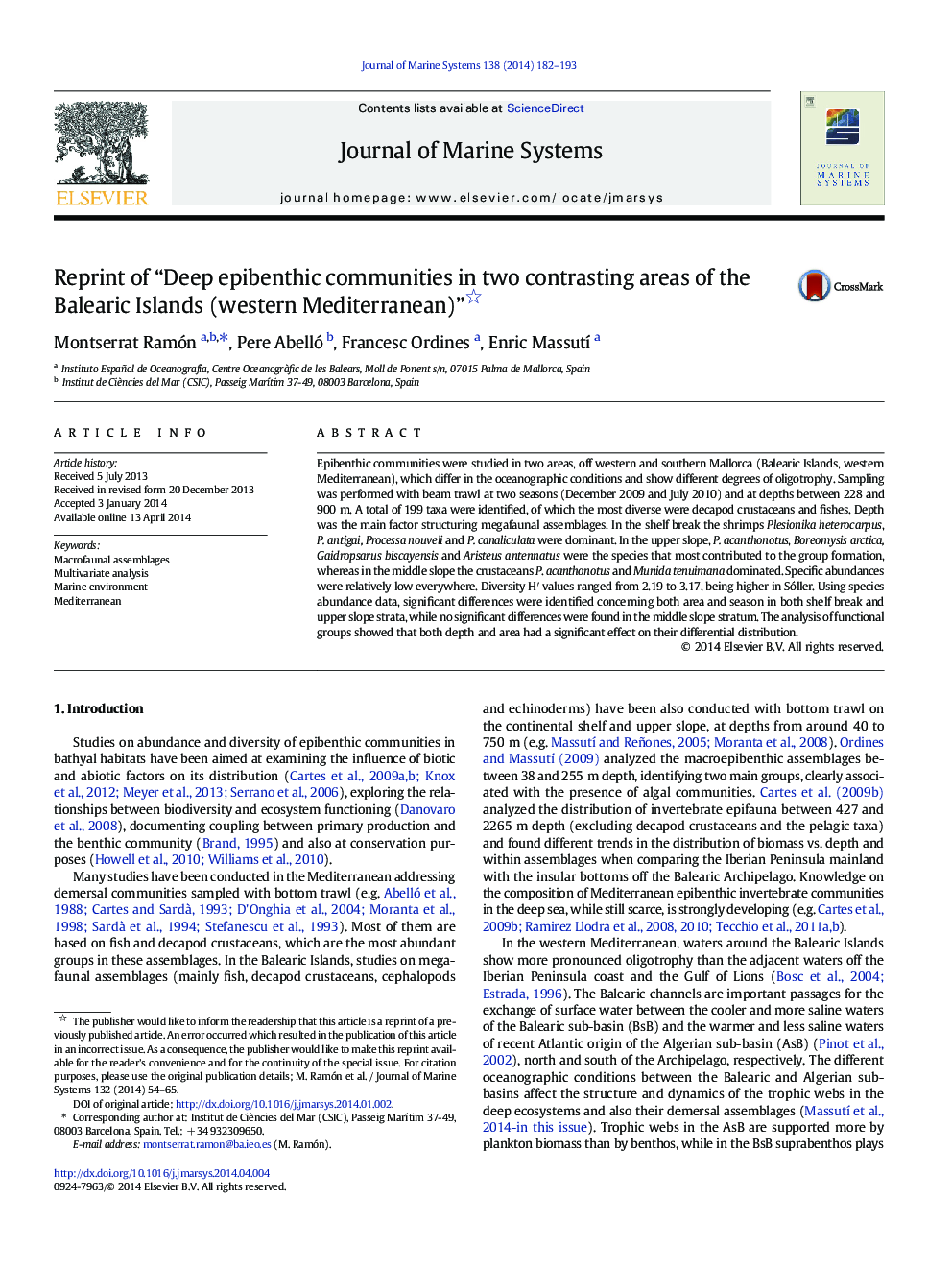 Reprint of “Deep epibenthic communities in two contrasting areas of the Balearic Islands (western Mediterranean)”