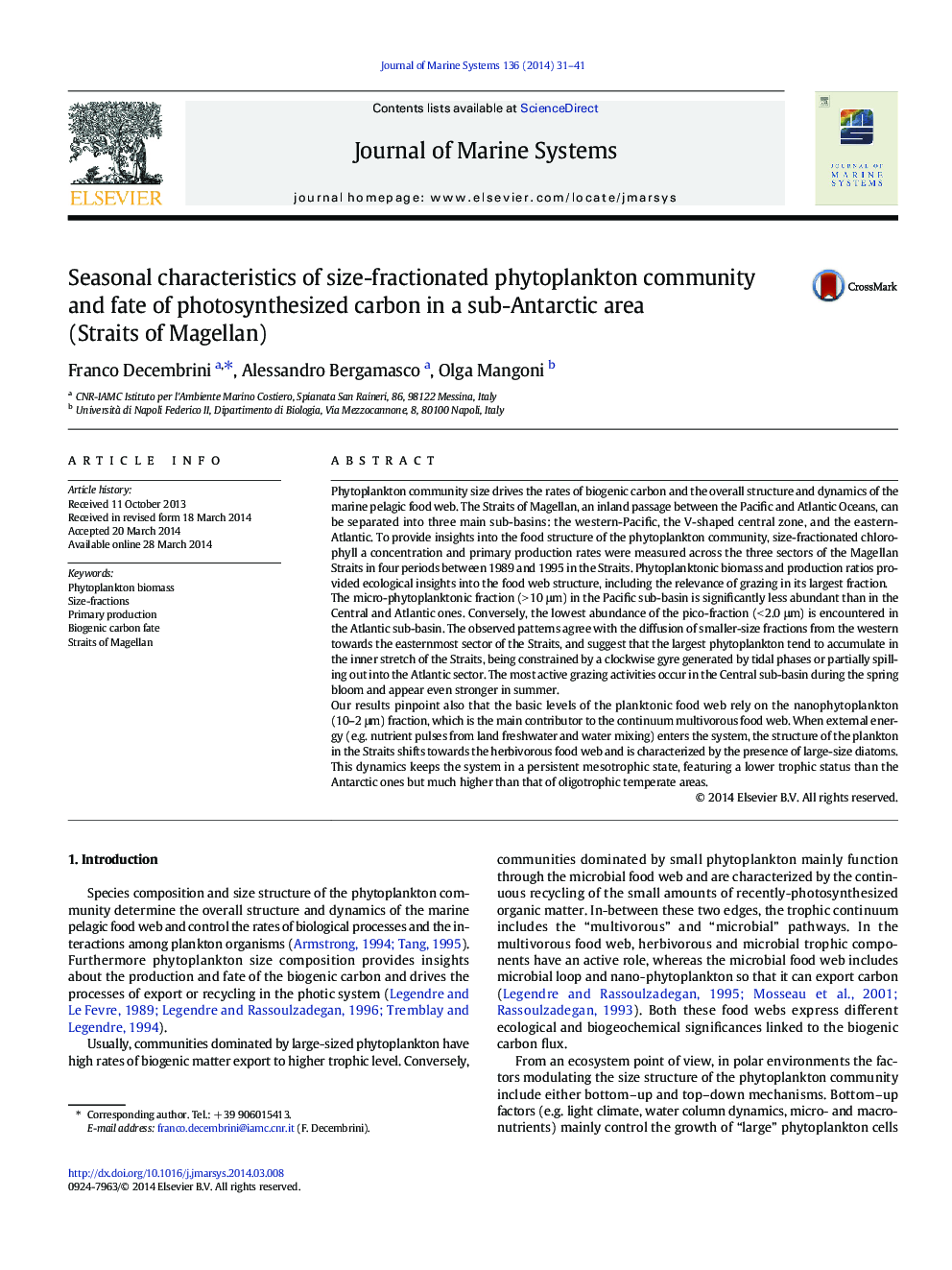 Seasonal characteristics of size-fractionated phytoplankton community and fate of photosynthesized carbon in a sub-Antarctic area (Straits of Magellan)