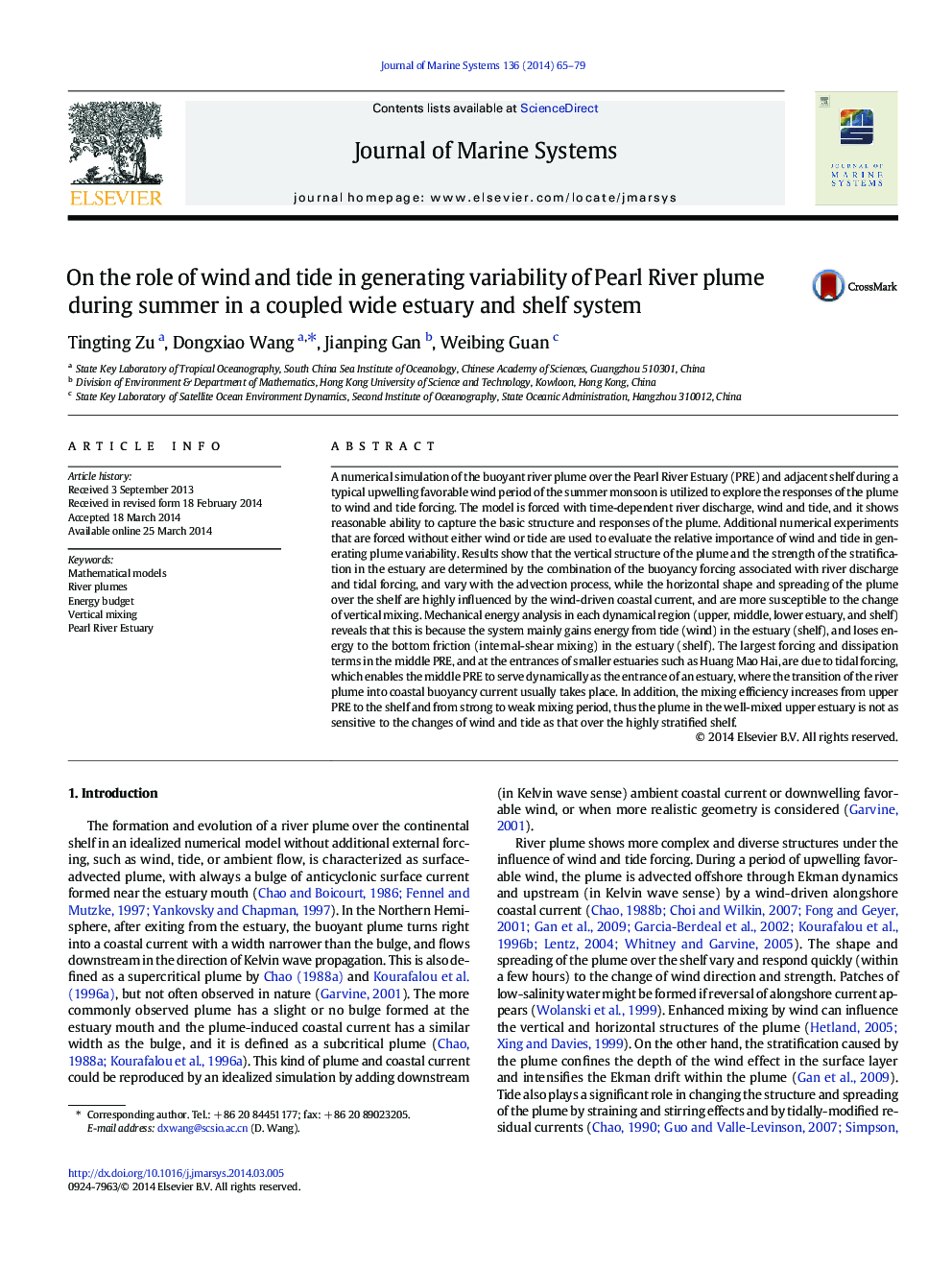On the role of wind and tide in generating variability of Pearl River plume during summer in a coupled wide estuary and shelf system