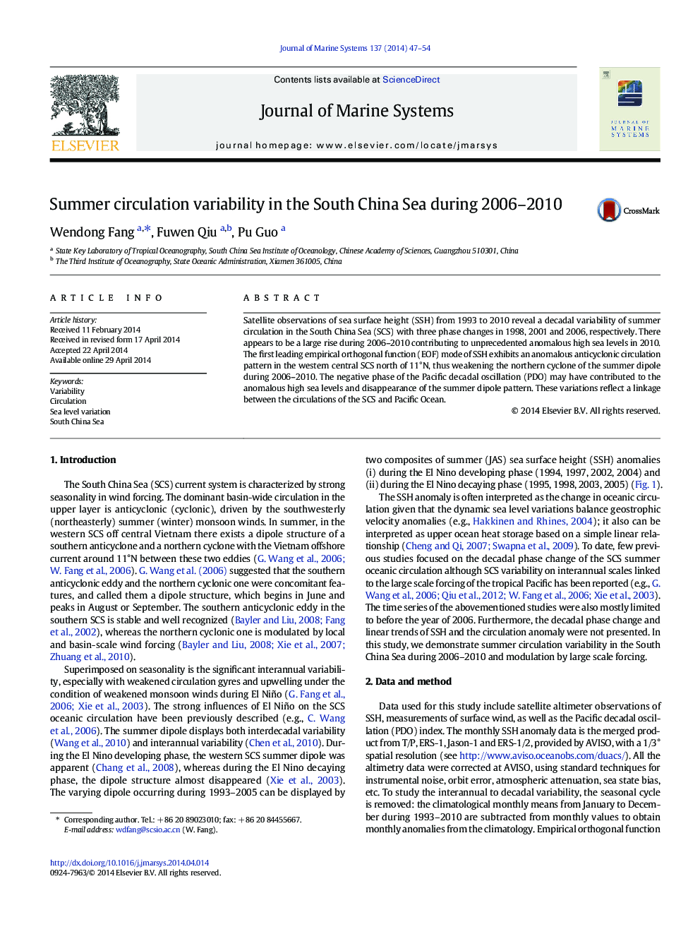 Summer circulation variability in the South China Sea during 2006–2010