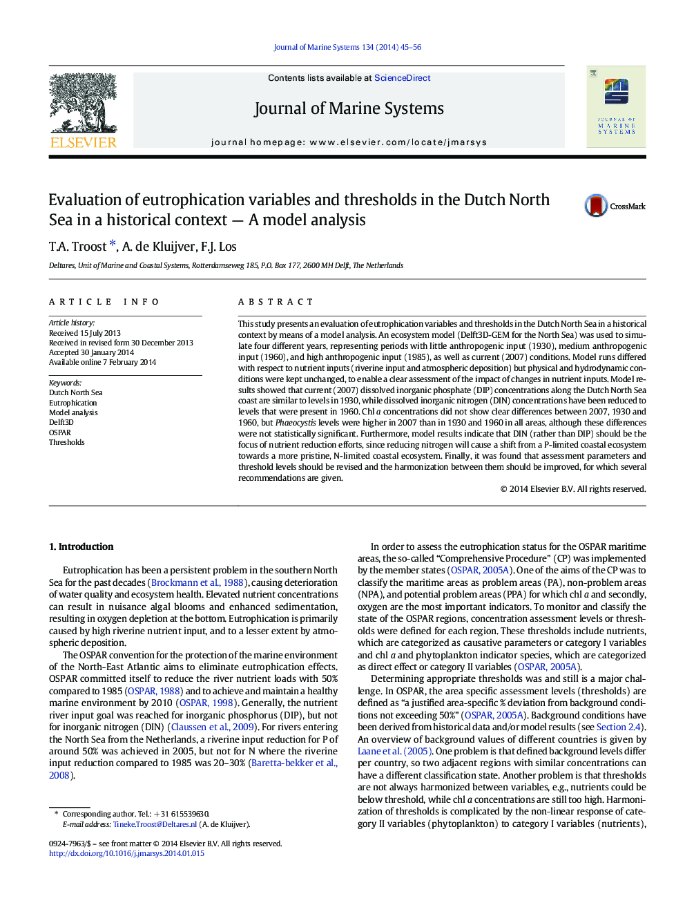 Evaluation of eutrophication variables and thresholds in the Dutch North Sea in a historical context — A model analysis