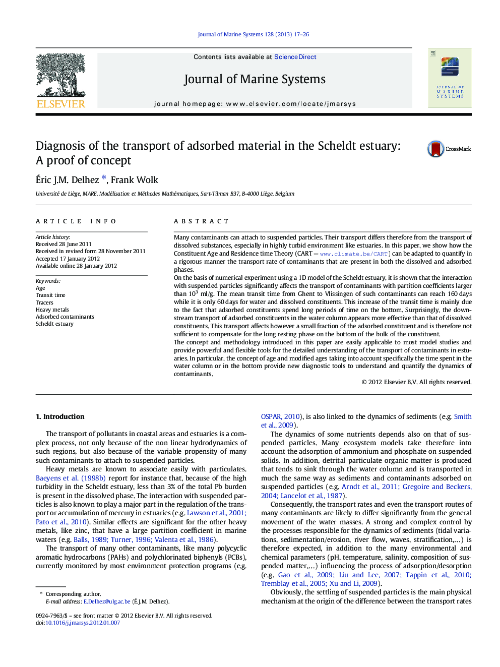 Diagnosis of the transport of adsorbed material in the Scheldt estuary: A proof of concept