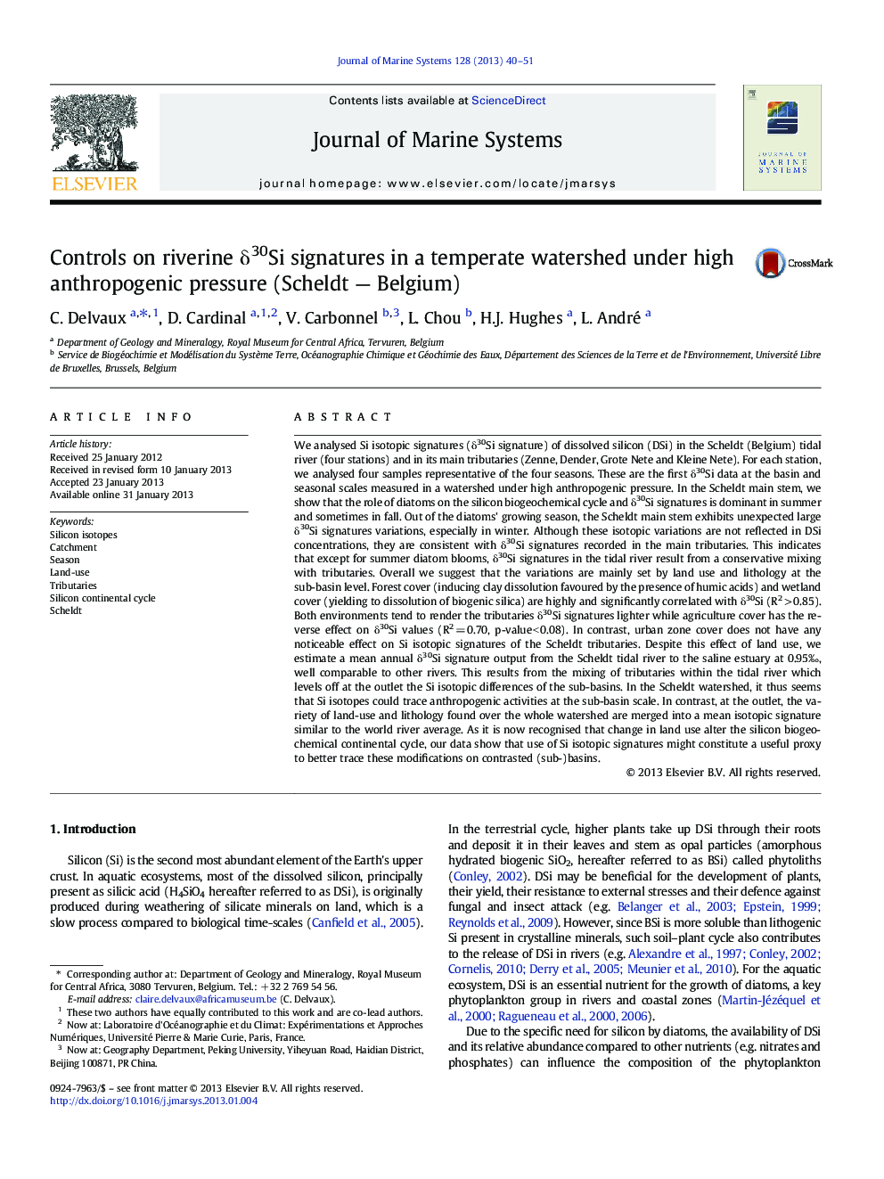 Controls on riverine Î´30Si signatures in a temperate watershed under high anthropogenic pressure (Scheldt - Belgium)