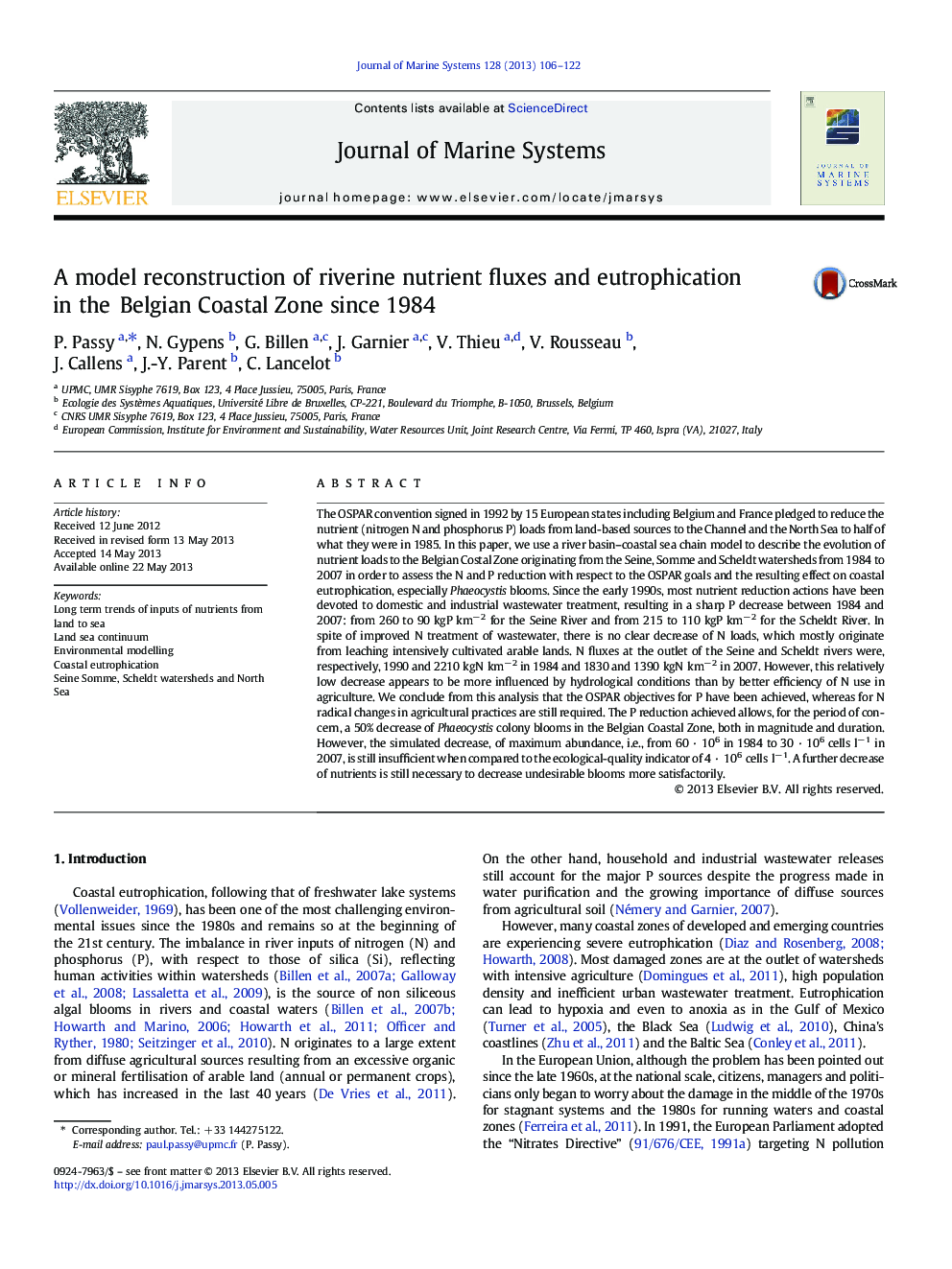 A model reconstruction of riverine nutrient fluxes and eutrophication in the Belgian Coastal Zone since 1984