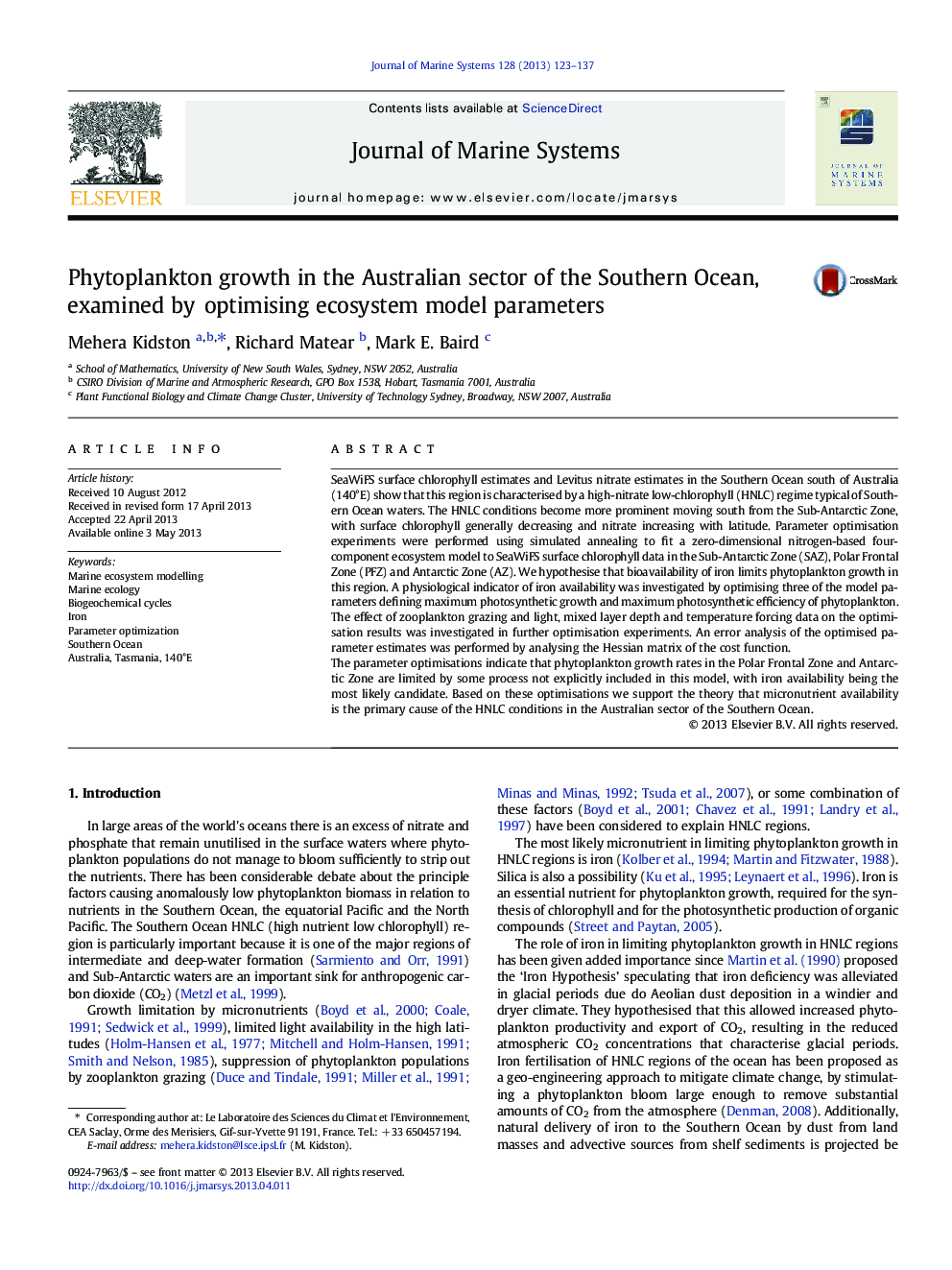 Phytoplankton growth in the Australian sector of the Southern Ocean, examined by optimising ecosystem model parameters