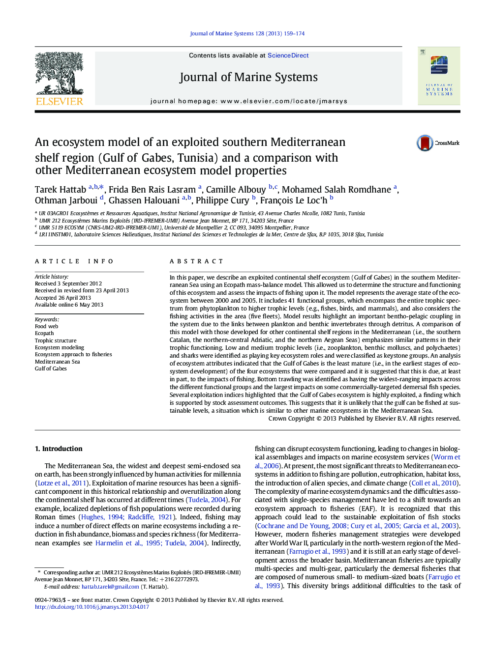 An ecosystem model of an exploited southern Mediterranean shelf region (Gulf of Gabes, Tunisia) and a comparison with other Mediterranean ecosystem model properties