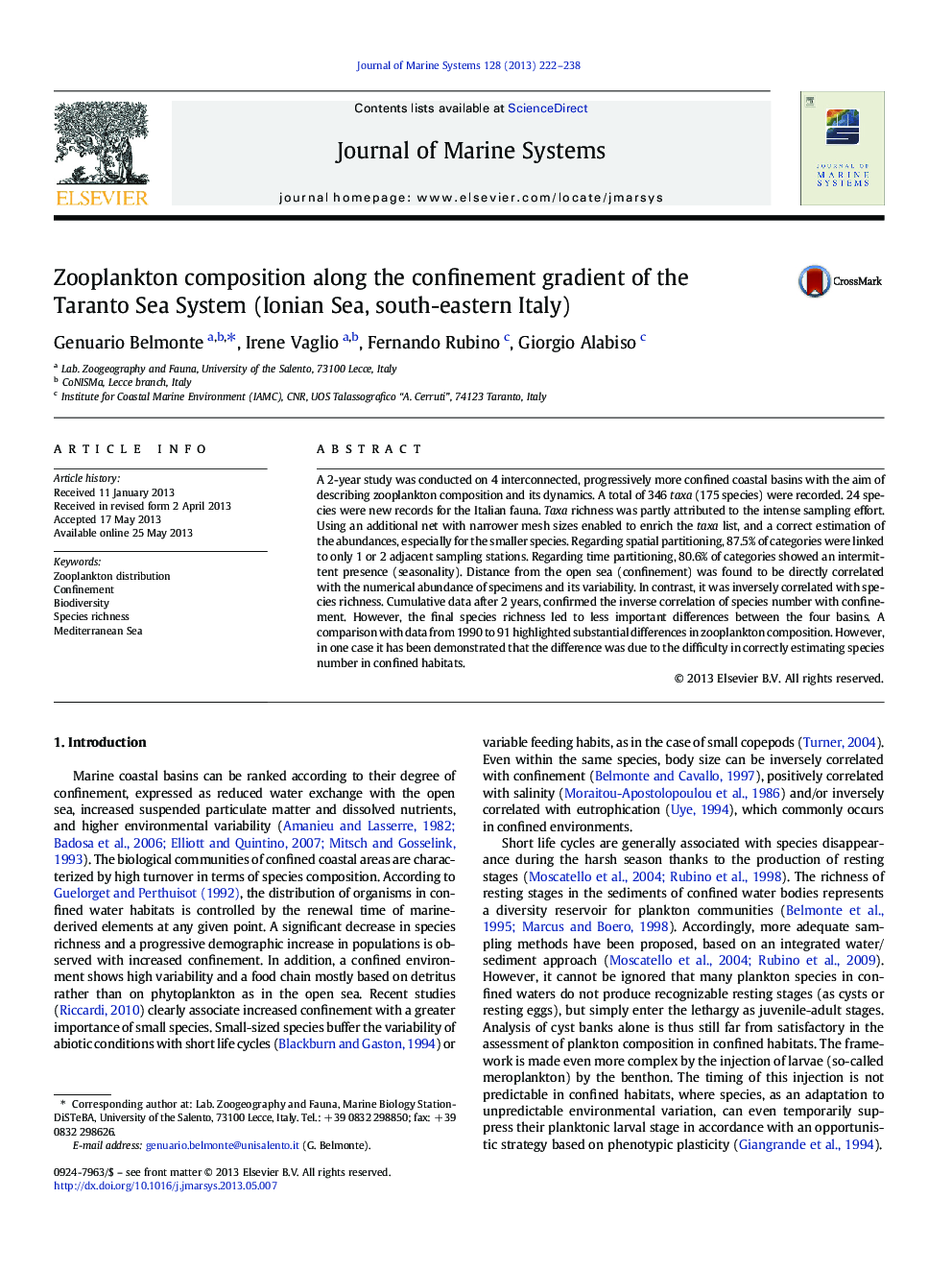 Zooplankton composition along the confinement gradient of the Taranto Sea System (Ionian Sea, south-eastern Italy)