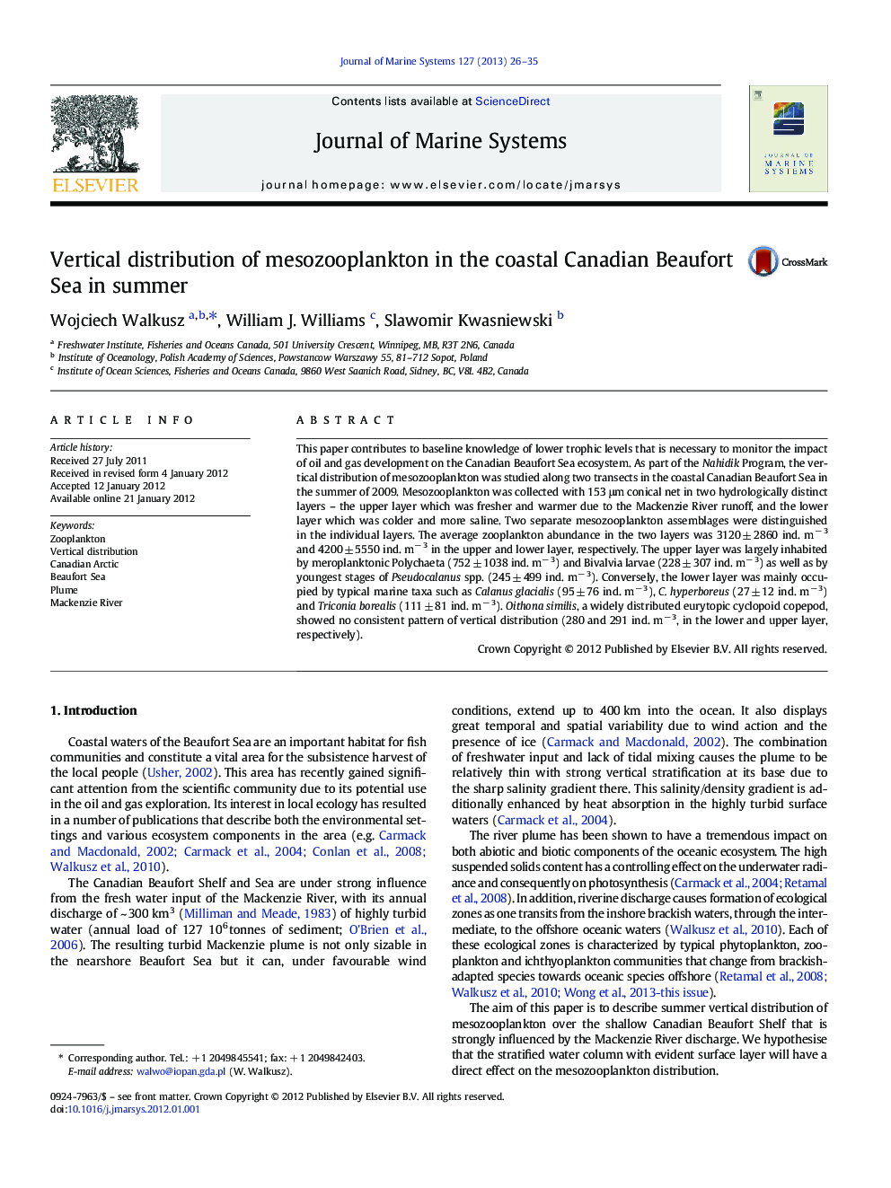 Vertical distribution of mesozooplankton in the coastal Canadian Beaufort Sea in summer