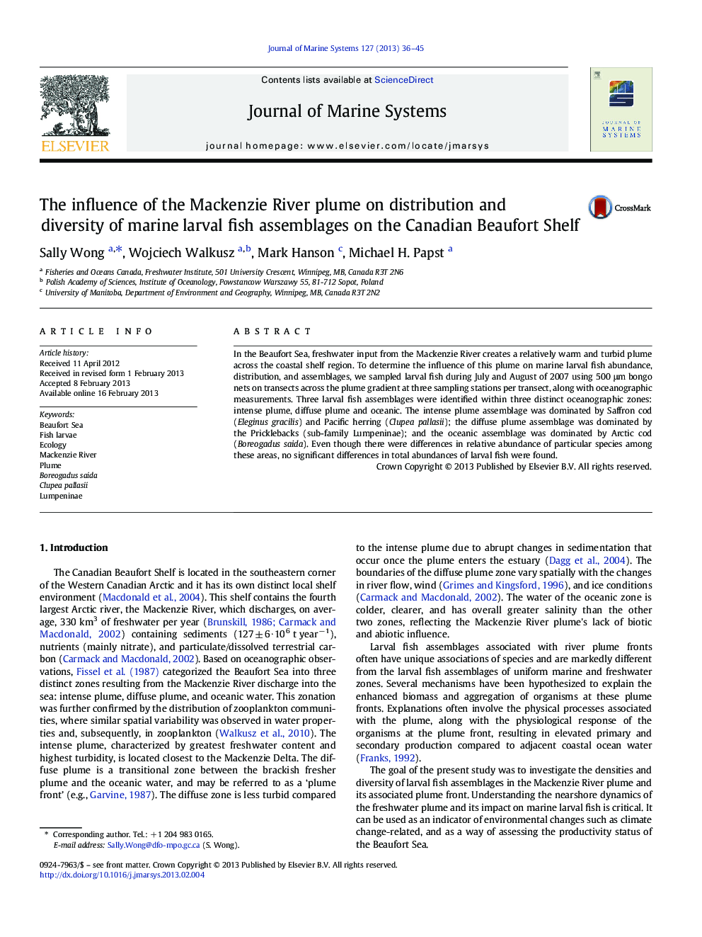 The influence of the Mackenzie River plume on distribution and diversity of marine larval fish assemblages on the Canadian Beaufort Shelf