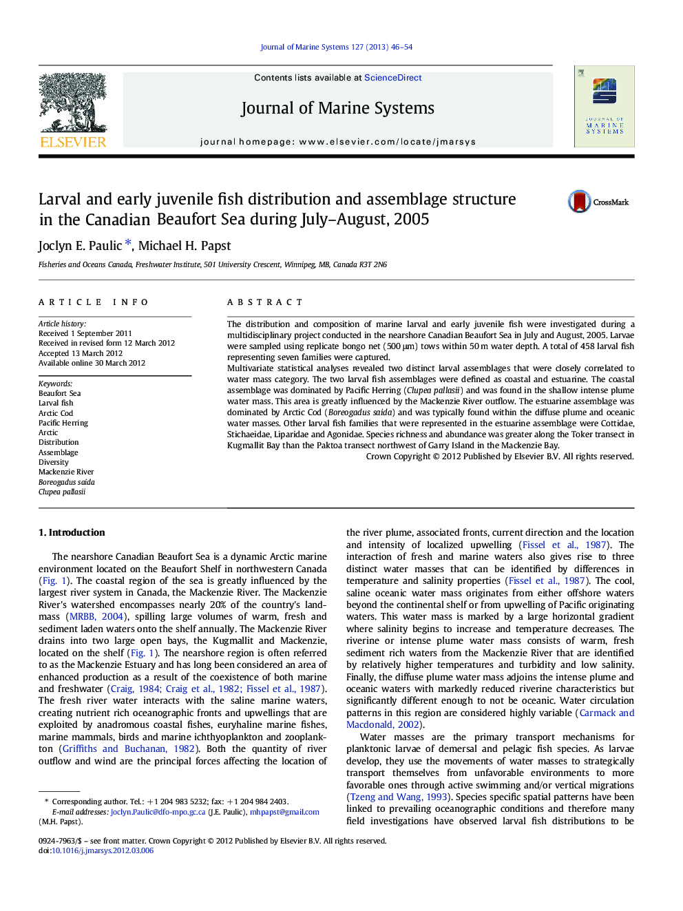 Larval and early juvenile fish distribution and assemblage structure in the Canadian Beaufort Sea during July-August, 2005