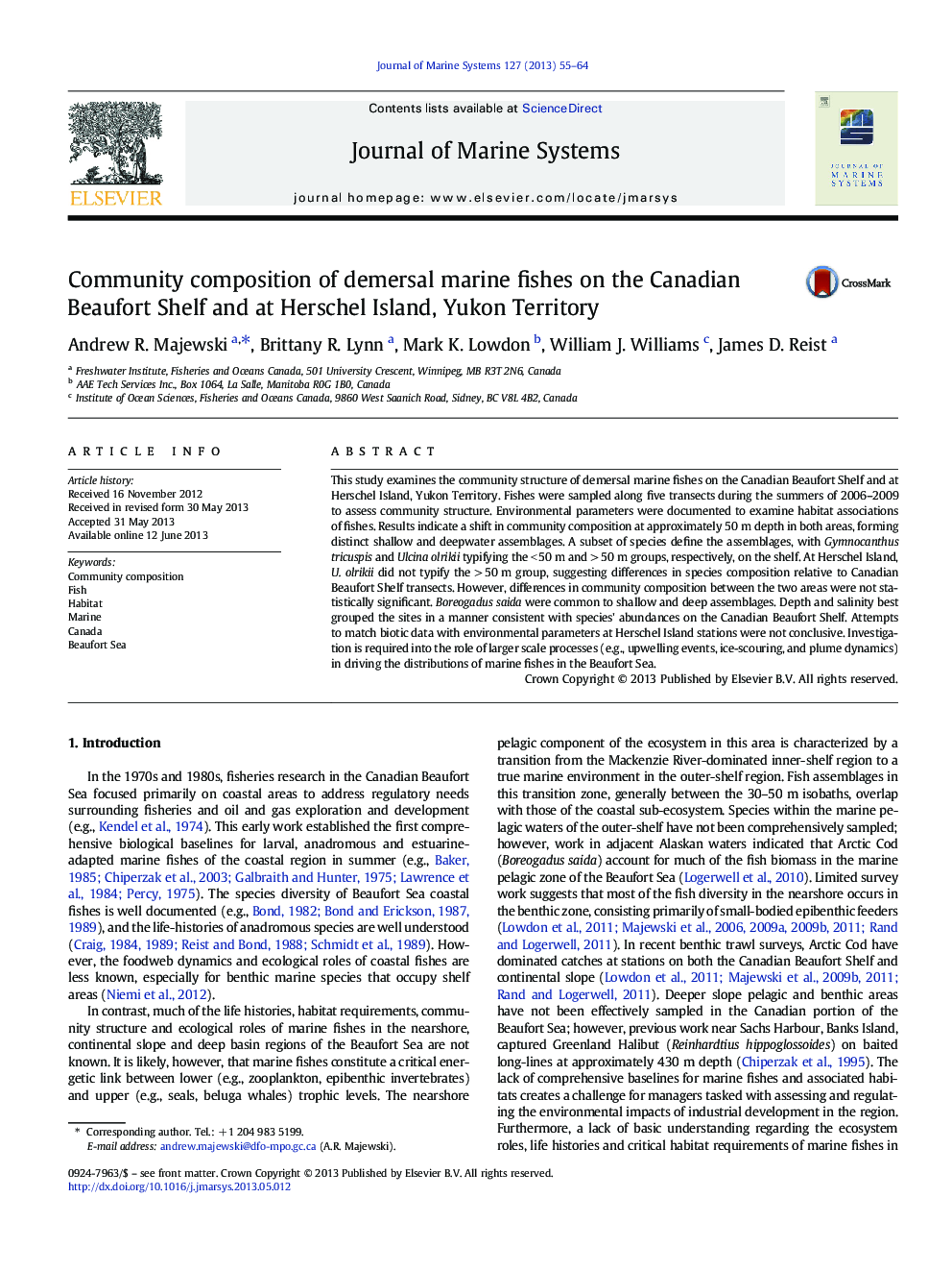 Community composition of demersal marine fishes on the Canadian Beaufort Shelf and at Herschel Island, Yukon Territory