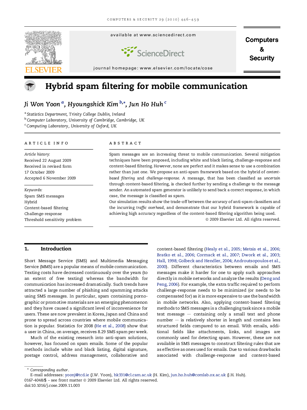 Hybrid spam filtering for mobile communication