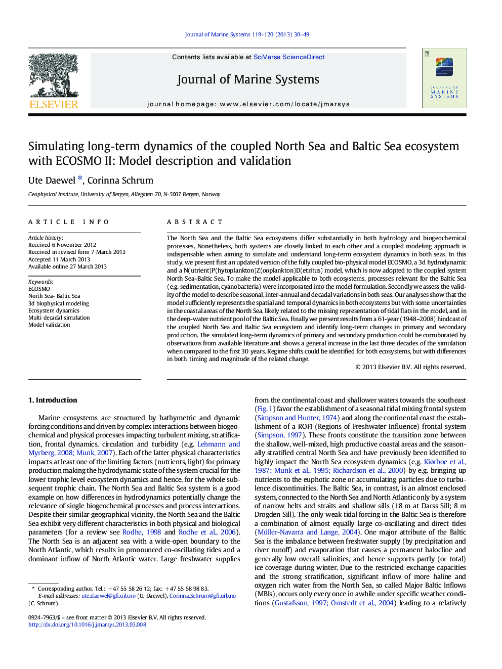 Simulating long-term dynamics of the coupled North Sea and Baltic Sea ecosystem with ECOSMO II: Model description and validation