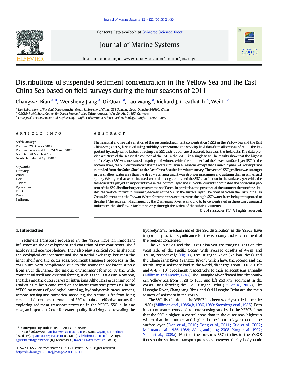 Distributions of suspended sediment concentration in the Yellow Sea and the East China Sea based on field surveys during the four seasons of 2011