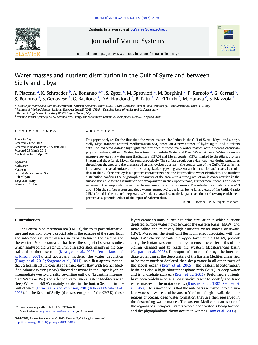 Water masses and nutrient distribution in the Gulf of Syrte and between Sicily and Libya