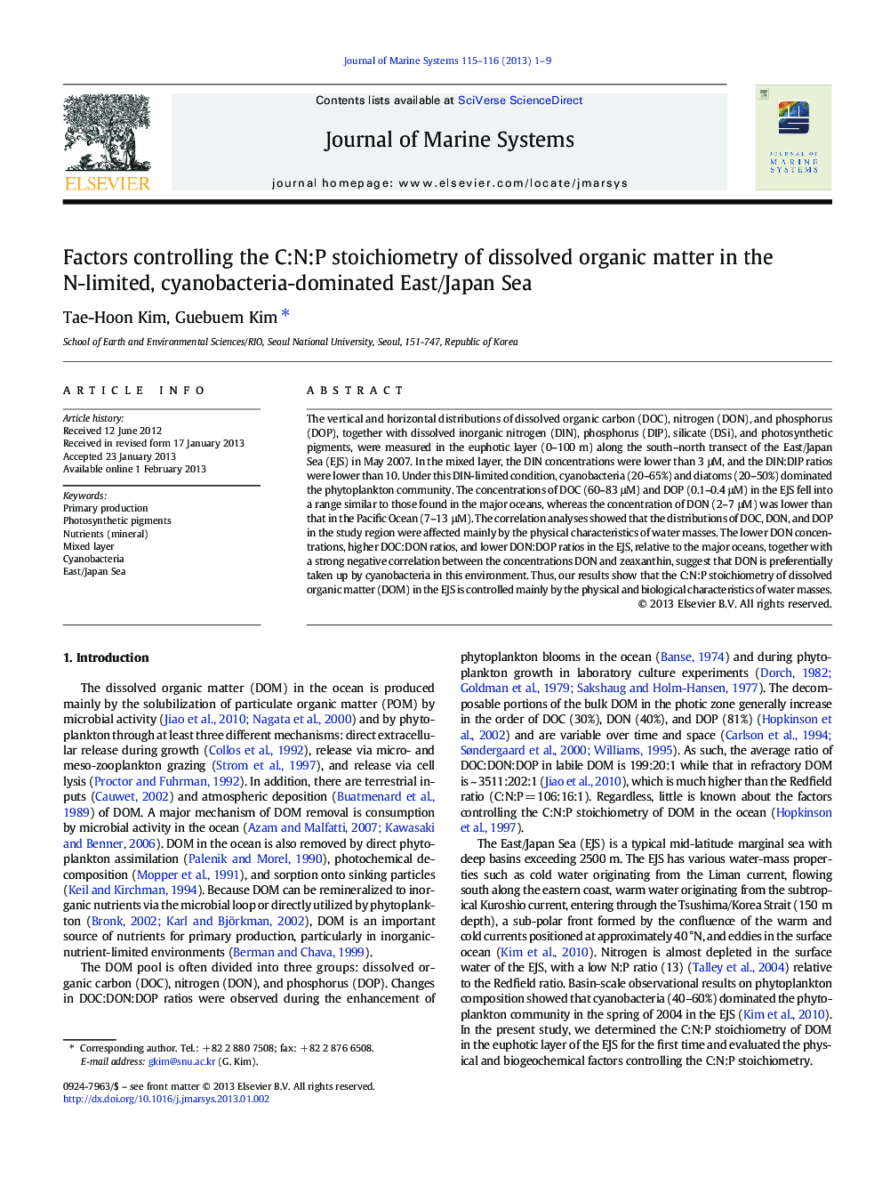 Factors controlling the C:N:P stoichiometry of dissolved organic matter in the N-limited, cyanobacteria-dominated East/Japan Sea