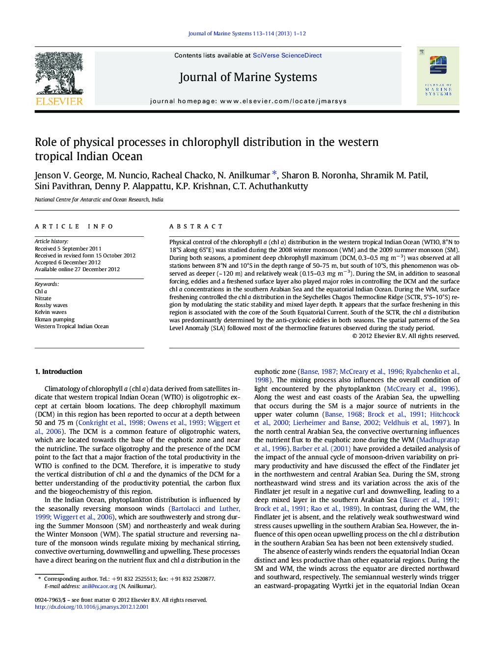 Role of physical processes in chlorophyll distribution in the western tropical Indian Ocean