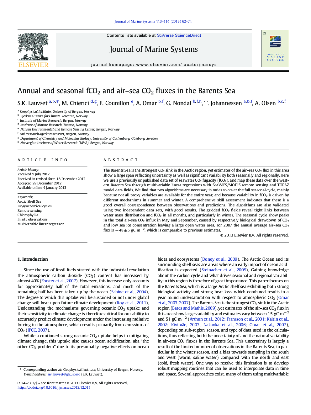 Annual and seasonal fCO2 and air–sea CO2 fluxes in the Barents Sea