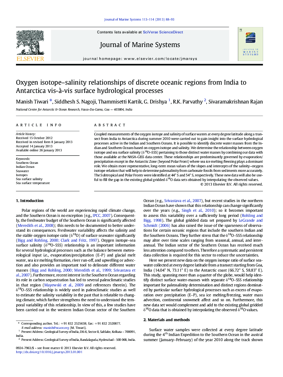 Oxygen isotope–salinity relationships of discrete oceanic regions from India to Antarctica vis-à-vis surface hydrological processes