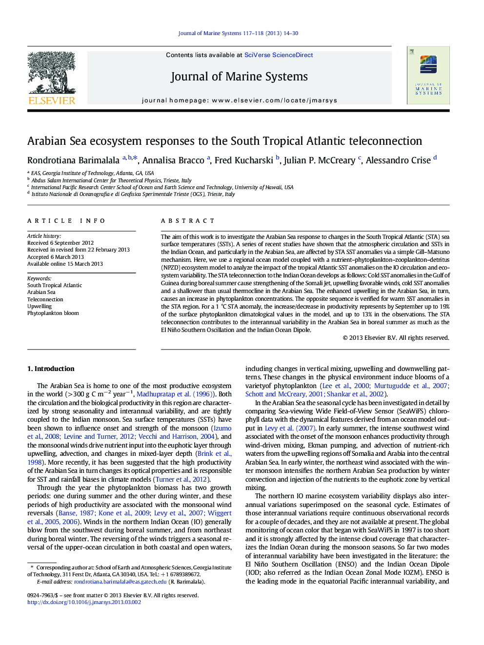 Arabian Sea ecosystem responses to the South Tropical Atlantic teleconnection