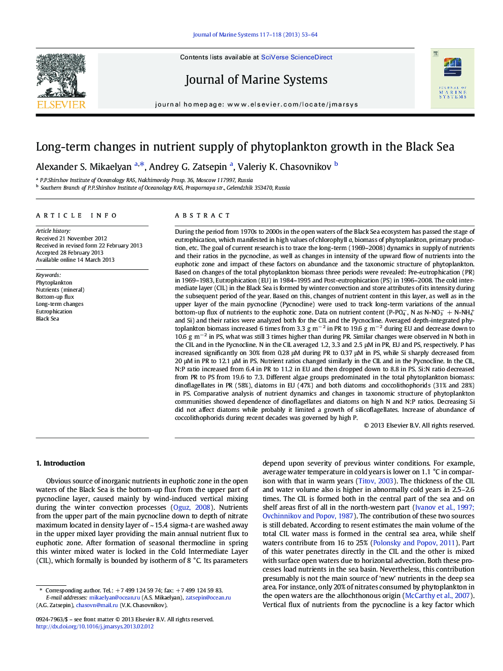 Long-term changes in nutrient supply of phytoplankton growth in the Black Sea