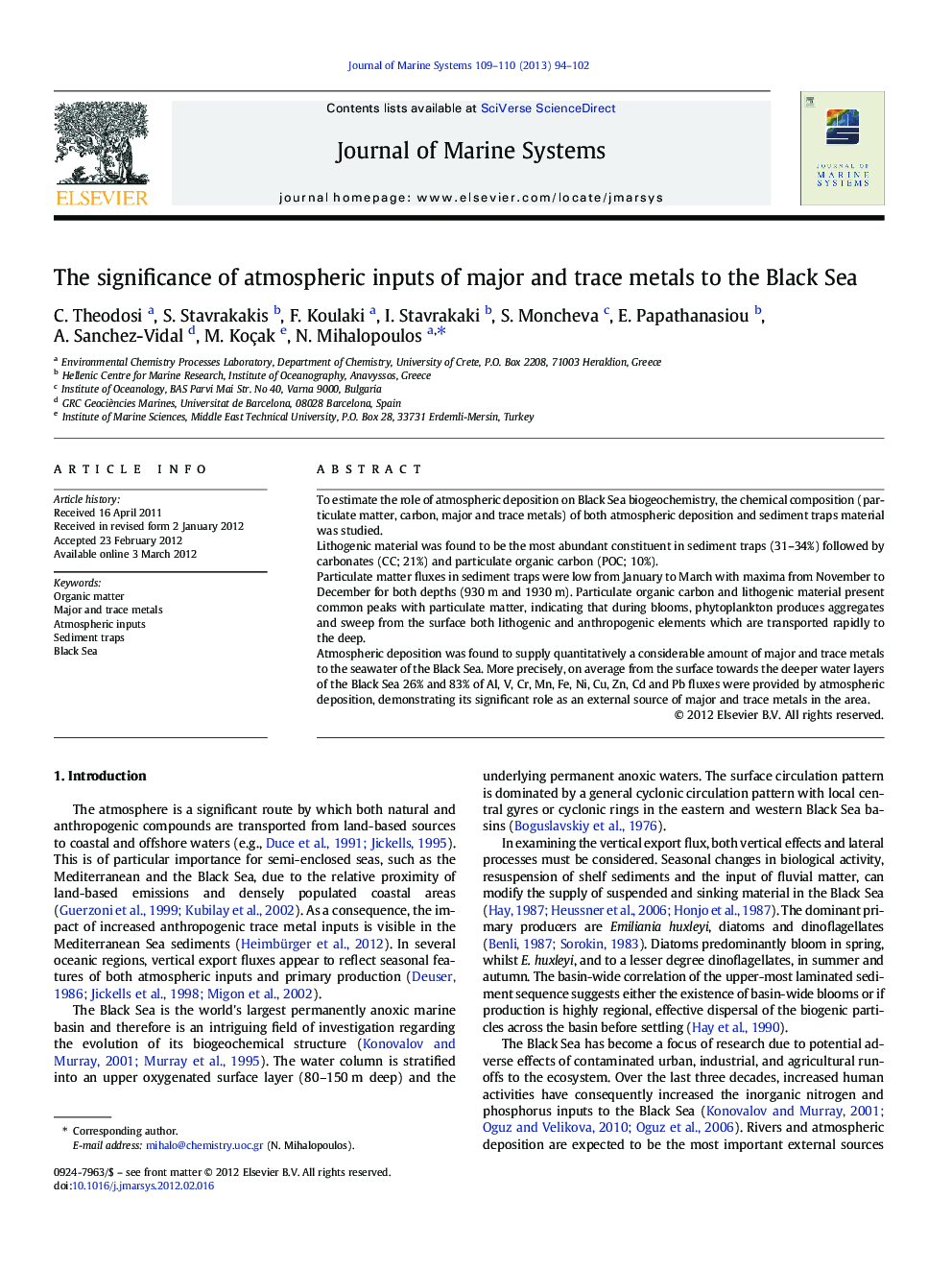 The significance of atmospheric inputs of major and trace metals to the Black Sea