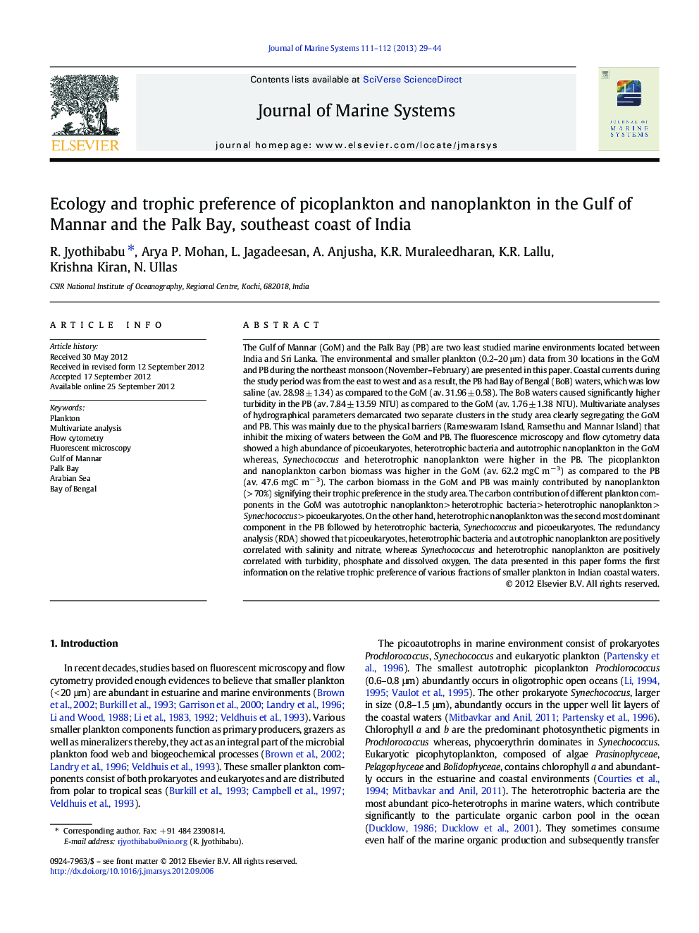 Ecology and trophic preference of picoplankton and nanoplankton in the Gulf of Mannar and the Palk Bay, southeast coast of India