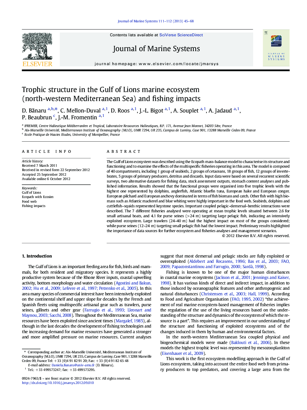 Trophic structure in the Gulf of Lions marine ecosystem (north-western Mediterranean Sea) and fishing impacts