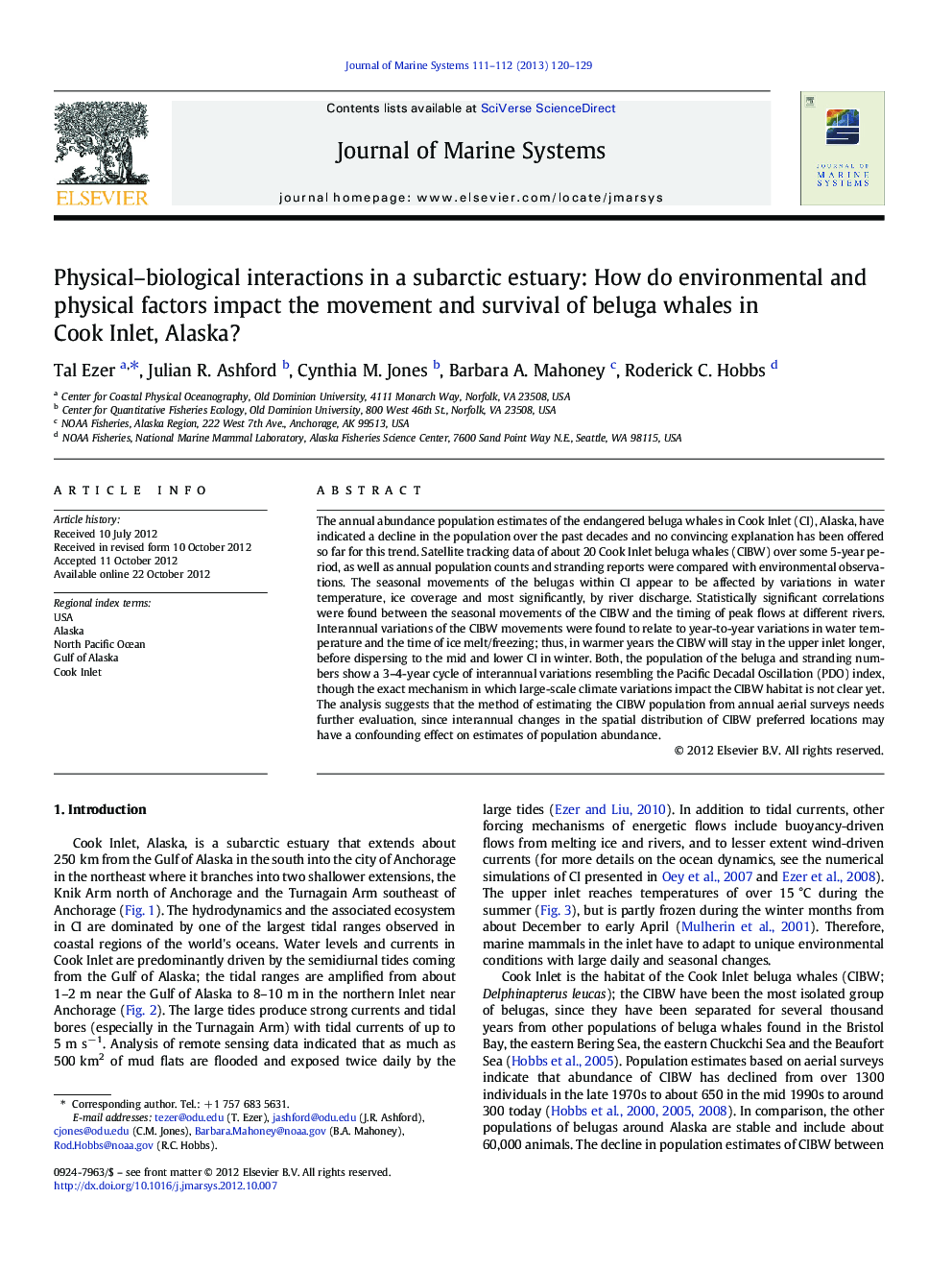 Physical–biological interactions in a subarctic estuary: How do environmental and physical factors impact the movement and survival of beluga whales in Cook Inlet, Alaska?