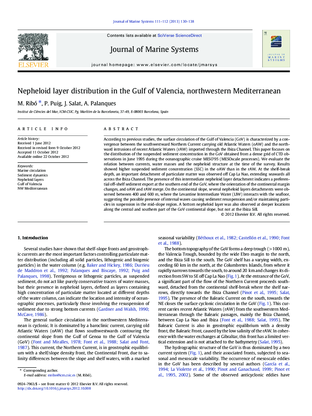 Nepheloid layer distribution in the Gulf of Valencia, northwestern Mediterranean