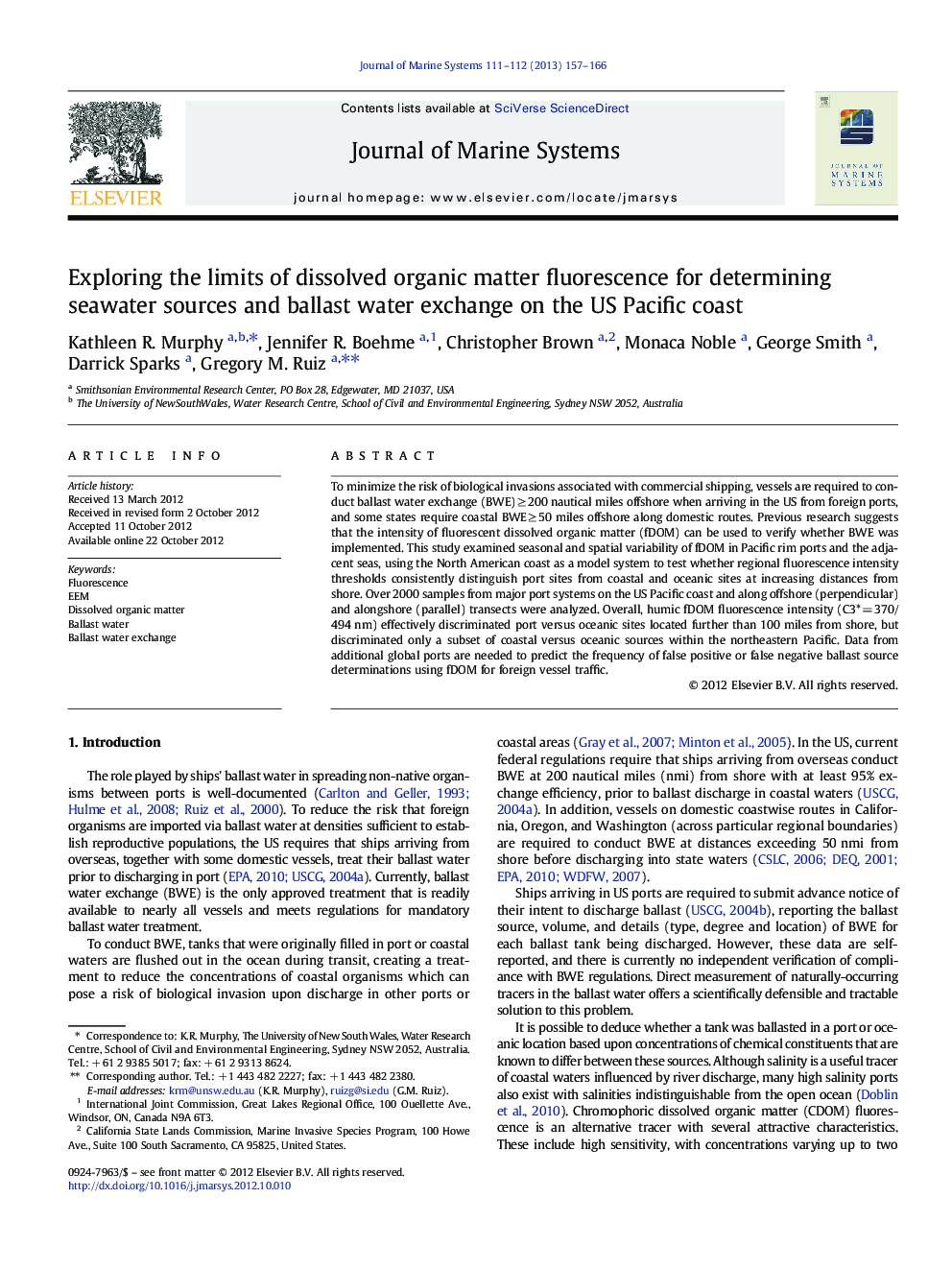 Exploring the limits of dissolved organic matter fluorescence for determining seawater sources and ballast water exchange on the US Pacific coast