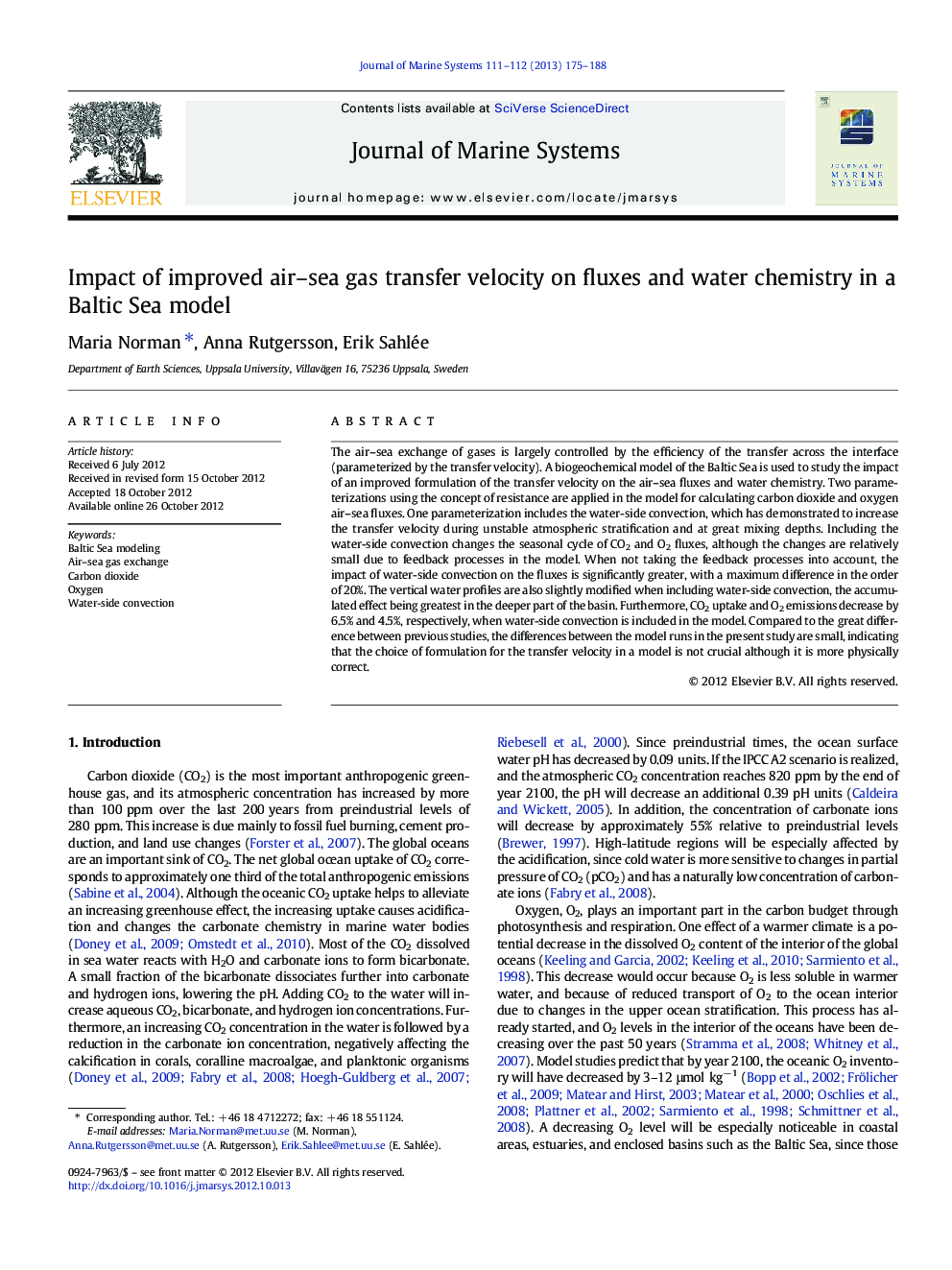 Impact of improved air–sea gas transfer velocity on fluxes and water chemistry in a Baltic Sea model