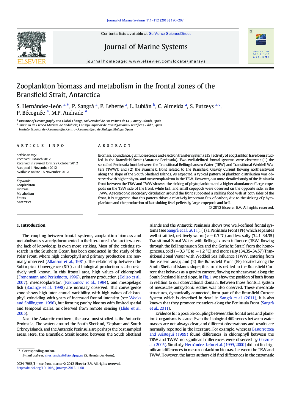 Zooplankton biomass and metabolism in the frontal zones of the Bransfield Strait, Antarctica