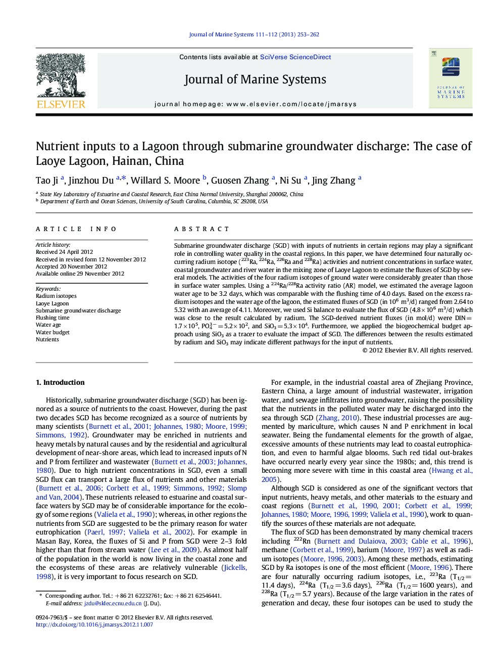 Nutrient inputs to a Lagoon through submarine groundwater discharge: The case of Laoye Lagoon, Hainan, China