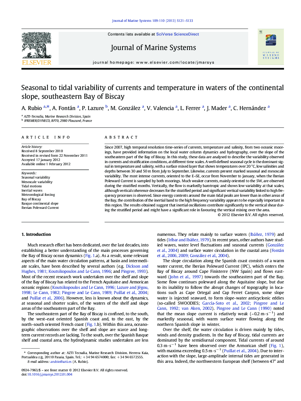 Seasonal to tidal variability of currents and temperature in waters of the continental slope, southeastern Bay of Biscay